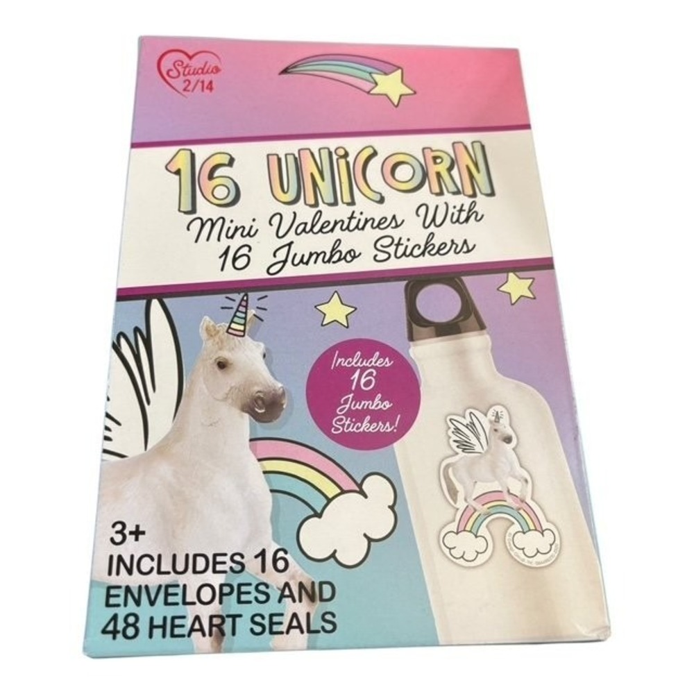 16 Unicorn Mini Valentines with Jumbo Stickers & Heart Seals Set 2023
